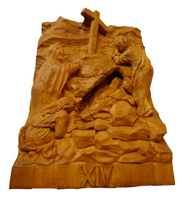 Handmade wooden carving of station 14